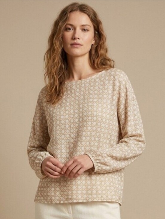 Ann Taylor Tops - Ann Taylor Linen Tan Geometric Print Top Size L Neutral Minimalist Quiet Luxury
